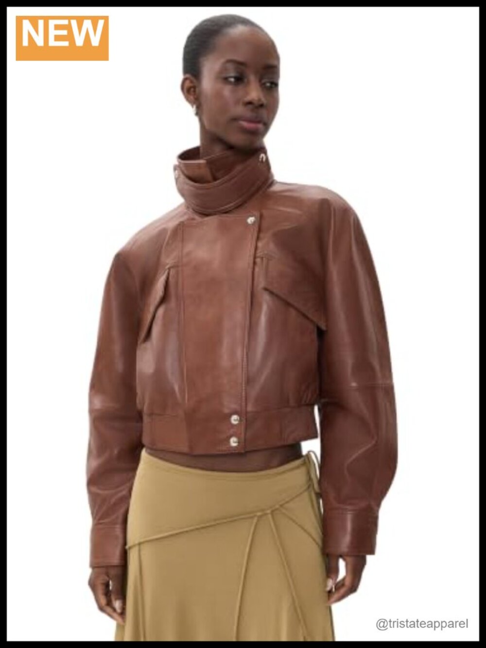 Genuine Leather Jacket Long Sleeve Snap Flap Pockets